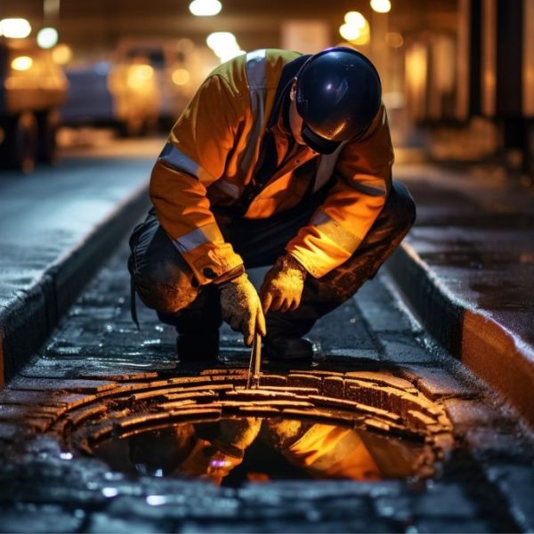 Worker in high-visibility gear repairing underground utilities at night.